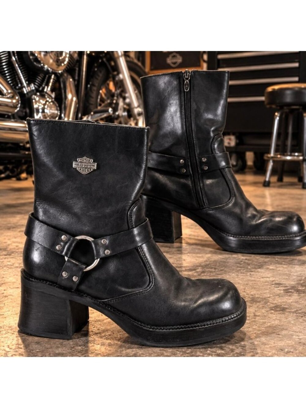 Harley Davidson Motorcycle Pavement Black Leather Harness Boots Women's 10 - NWB